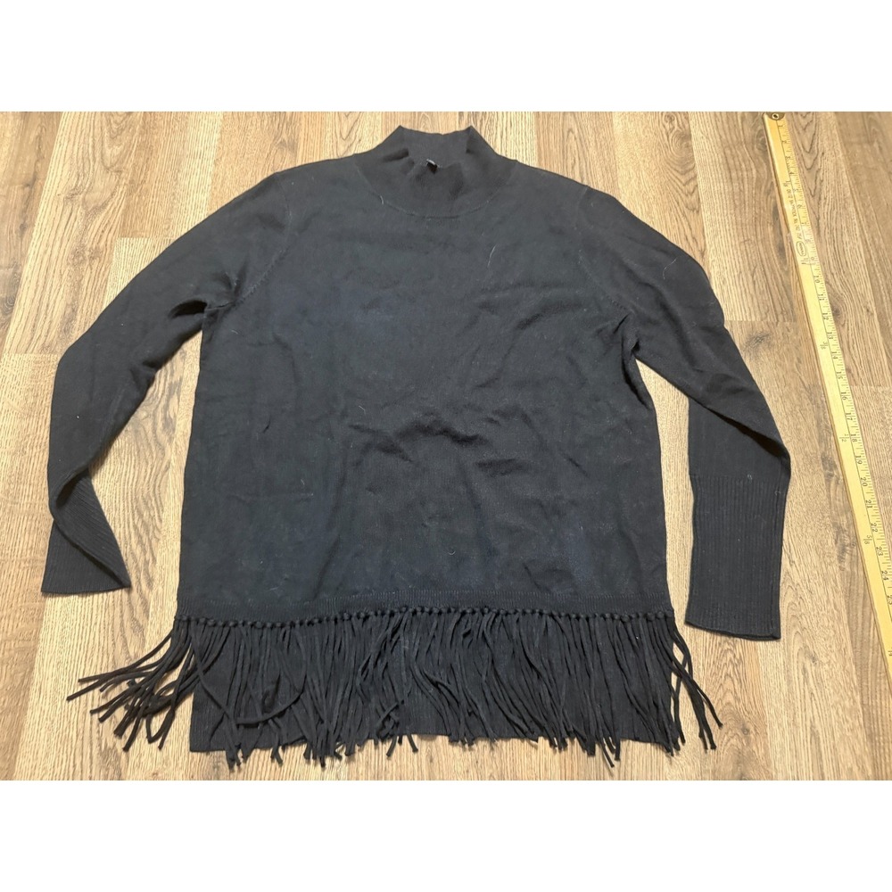 Carre Noir Sweater, Womens Large, Black Long Sleeve, Mock Neck, Pullover, Fringe
